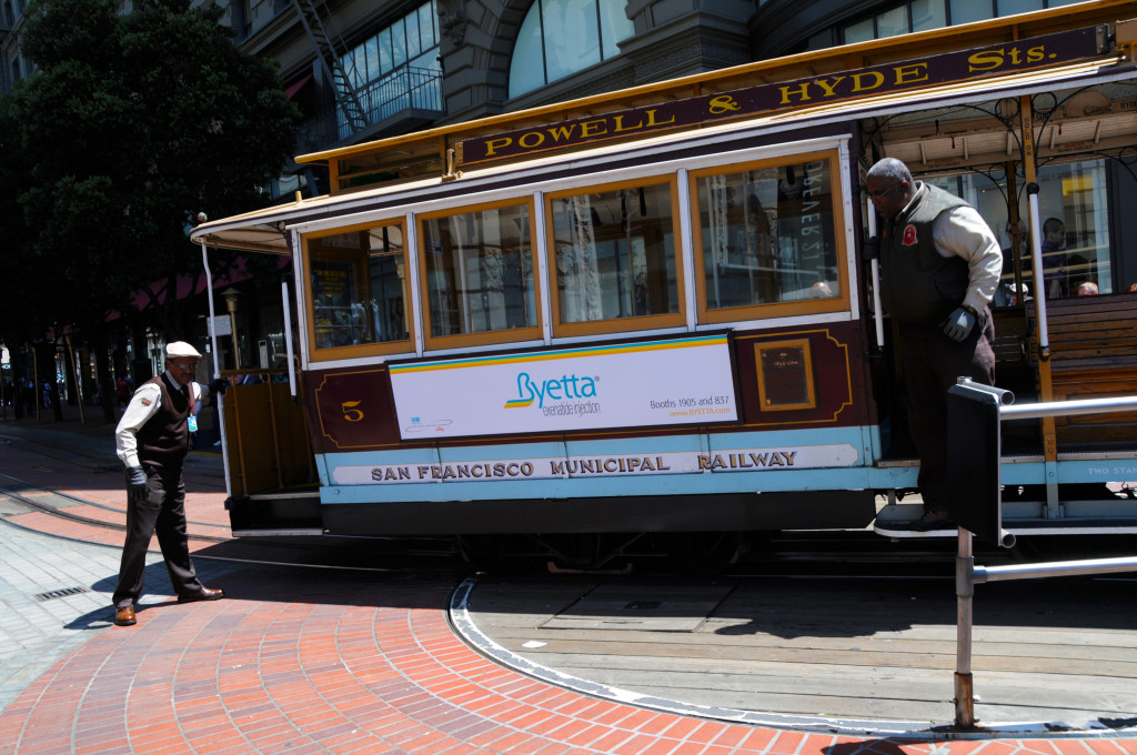 Turning the iconic San Francisco Trolley cars, done by hand at the end of the line